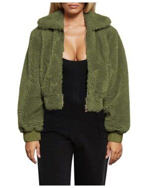 Cropped Faux Fur Teddy Jacket Zip Up Fuzzy Lapel Coat